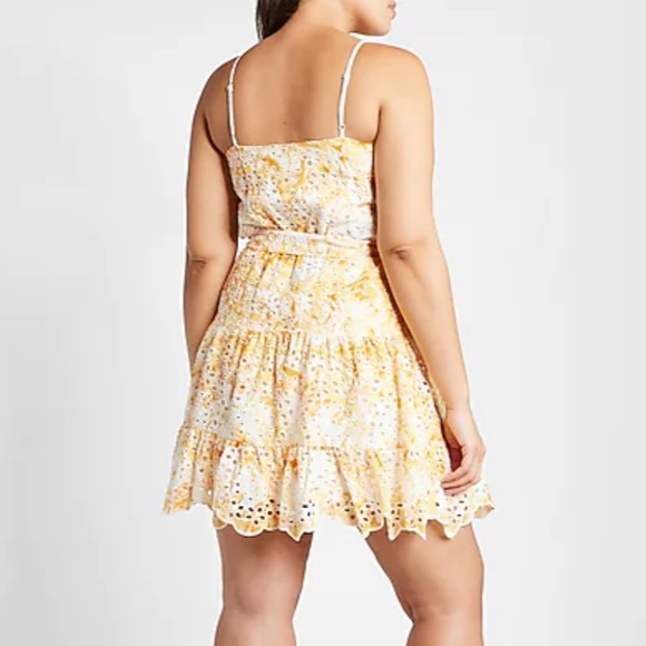 Express Printed Eyelet V Neck Tie Waist Tiered Trapeze Dress - Picture 3 of 10